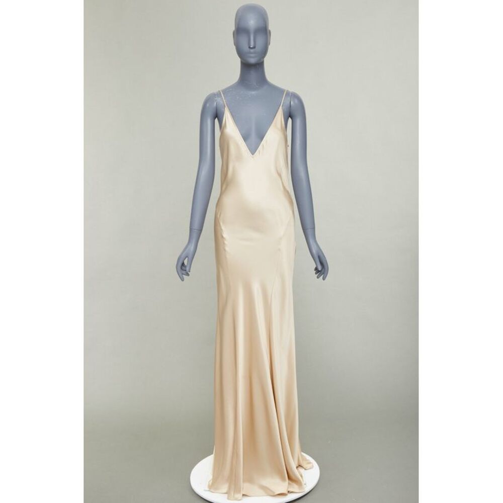 SAINT LAURENT 2024 rose champagne satin plunge contour panel slip gown FR36 S - Picture 10 of 10